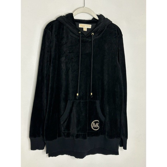 Michael Kors Womens Black Logo Drawstring Long Pullover Velvet Hoodie Sz L - Picture 2 of 7